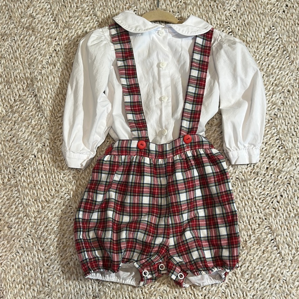 EUC Sal & Pimenta Plaid Red and White Kids Suspender Shorts size 2t